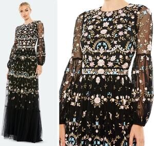 Mac Duggal 35111 Embroidered Floral Gown Black Long Bishop Sleeve Size 8 NWT